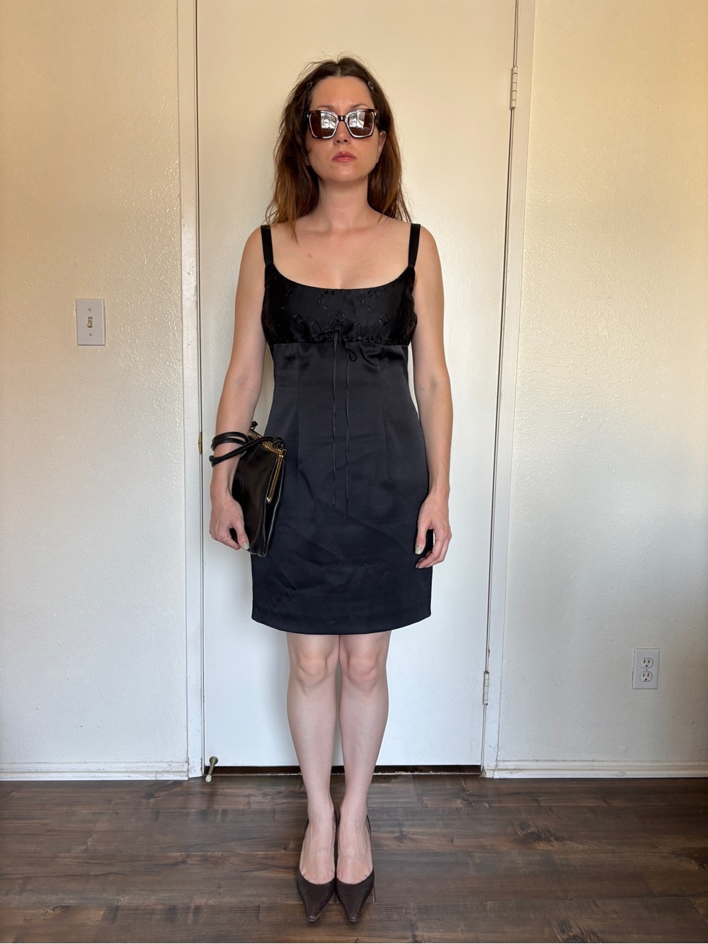 Laundry By Shelli Segal Black Satin Mini Dress with Embroidered Bodice